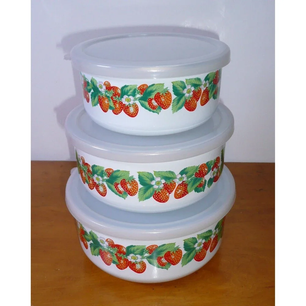 Kobe Kitchen Enamel Metal Mixing Bowls Set Of 3 Strawberry Vintage With Lids